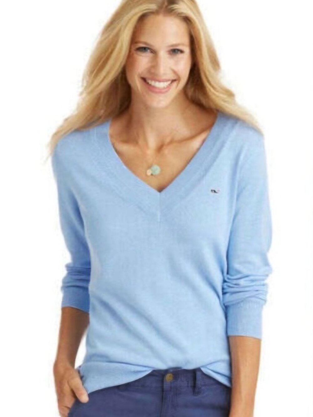 Vineyard Vines Heritage Sustainable Cotton V Neck Blue Sweater Size S